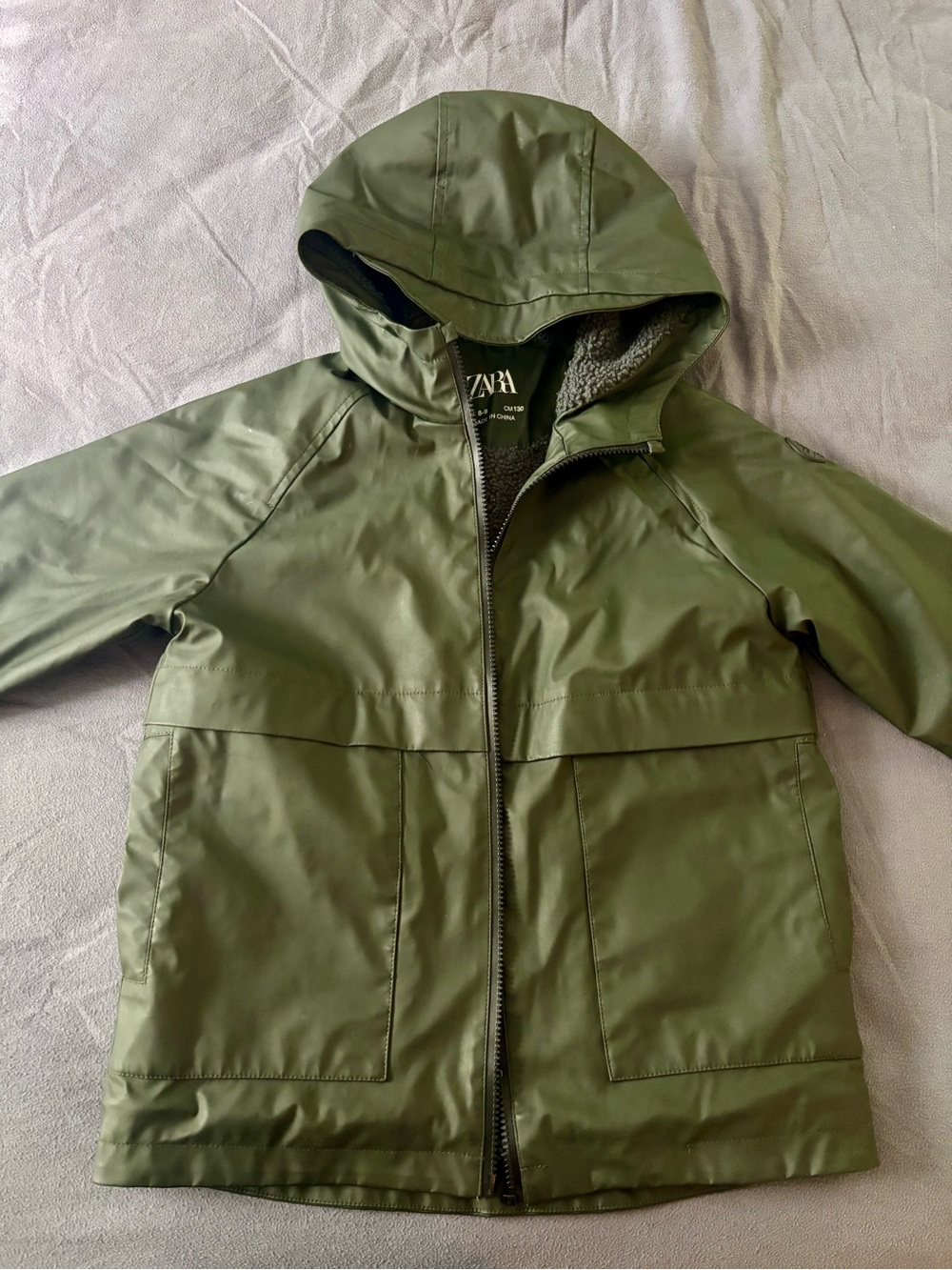 ZARA Kids Olive Hooded Raincoat in Deep Army Green 8-9 years